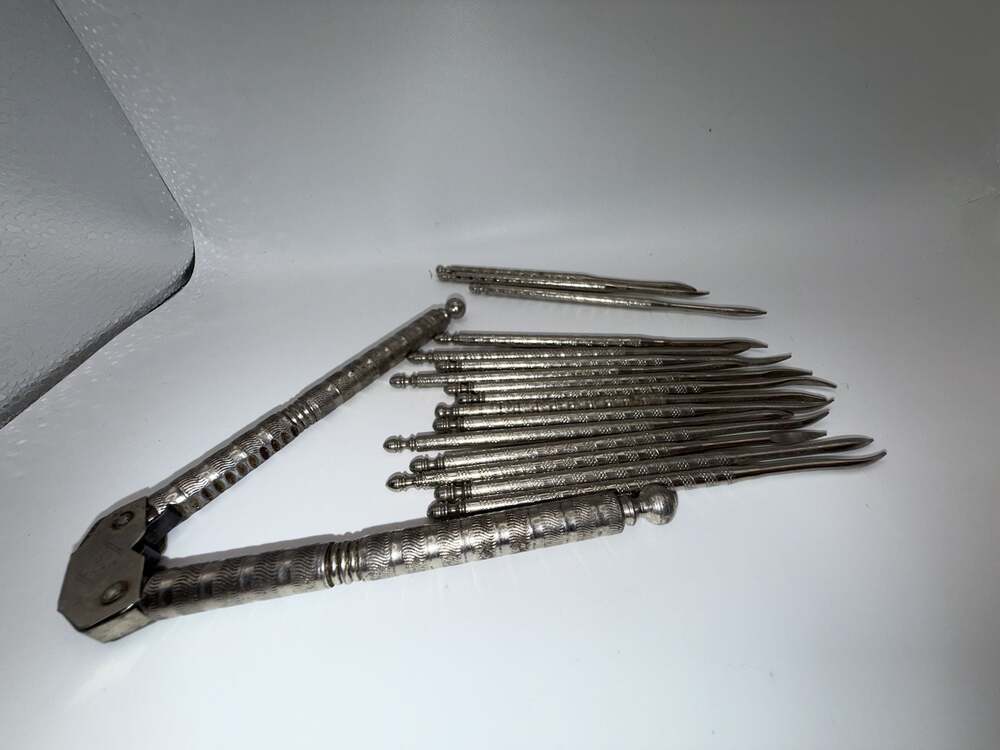 Vintage HMQ Nickel Plated Nutcracker and 12-Piece Nut Pick Set